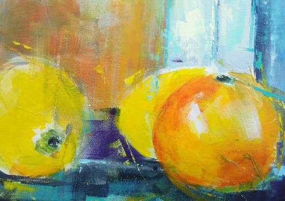 Still life Bottles fruits 50x50cm