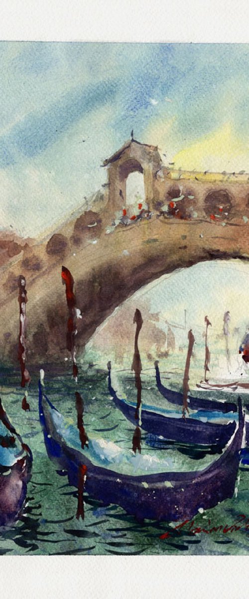 Gondolas and Rialto Bridge. by Marin Victor