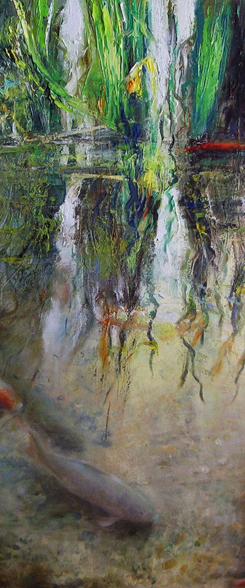 Red fishes and silver lakes . Koi carp fish . Original oil painting by Helen Shukina