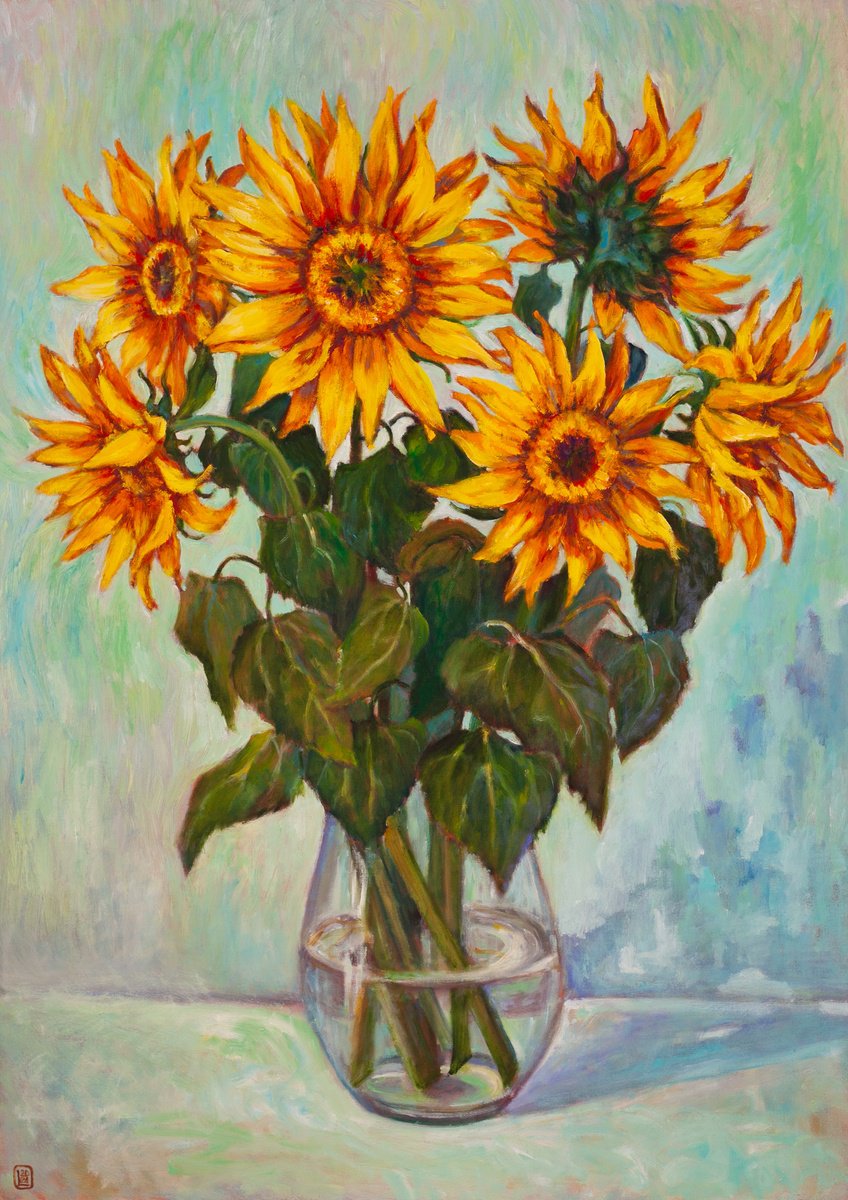 Impressionistic Botanical Oil Painting By Liudmila Pisliakova, 20 X 28", Sunflowers, Original Artwork