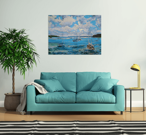 Morning on the bay (mixed-media, acrylic and gold leaf) (36x48x1.5")