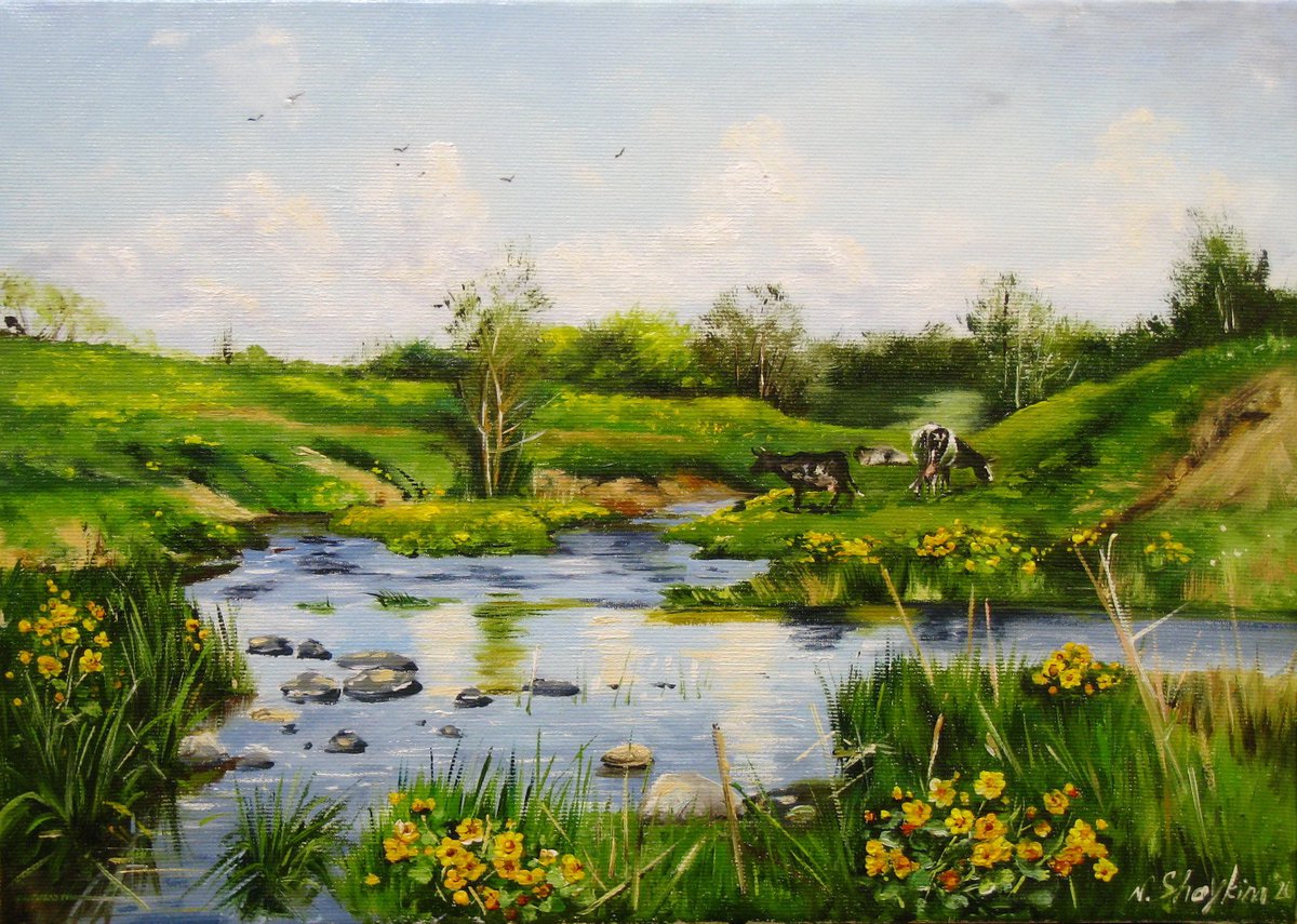 Spring Landscape. Cows in the Meadow. Original oil painting on canvas. by Natalia Shaykina