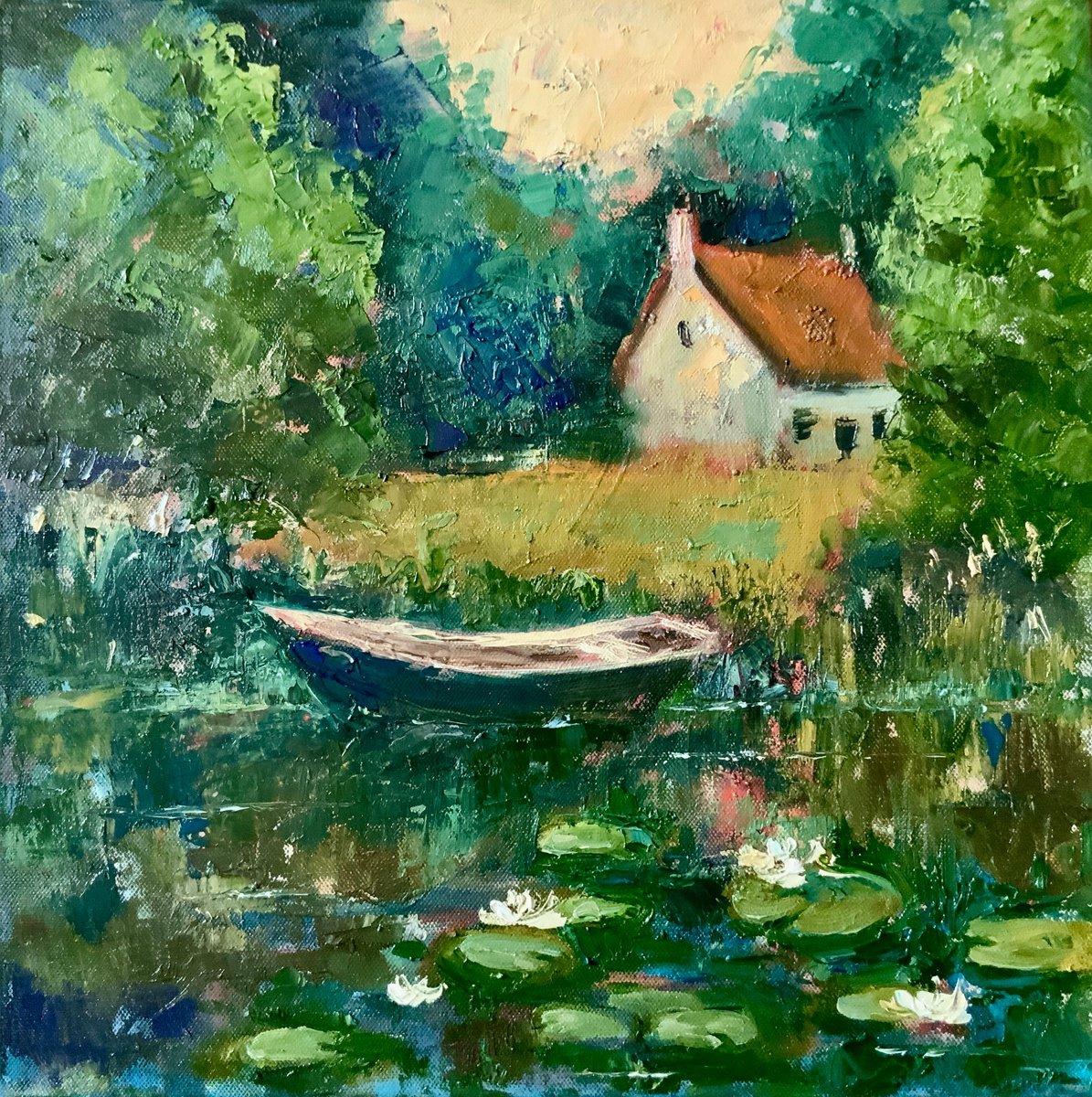 Impressionistic Landscape Oil Painting By Alexandra Jagoda (Ovcharenko), 16 X 16, Summer Quiet, Original Artwork