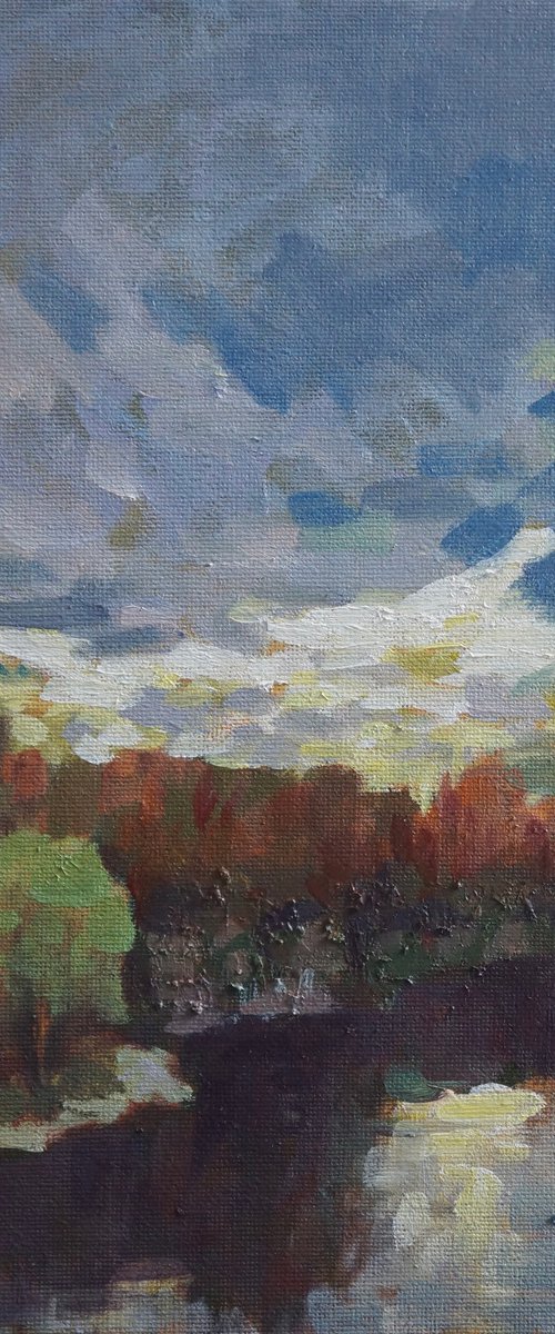 Original Oil Painting Wall Art Signed unframed Hand Made Jixiang Dong Canvas 25cm × 20cm Landscape Clouds over South Park Oxford Small Impressionism Impasto by Jixiang Dong