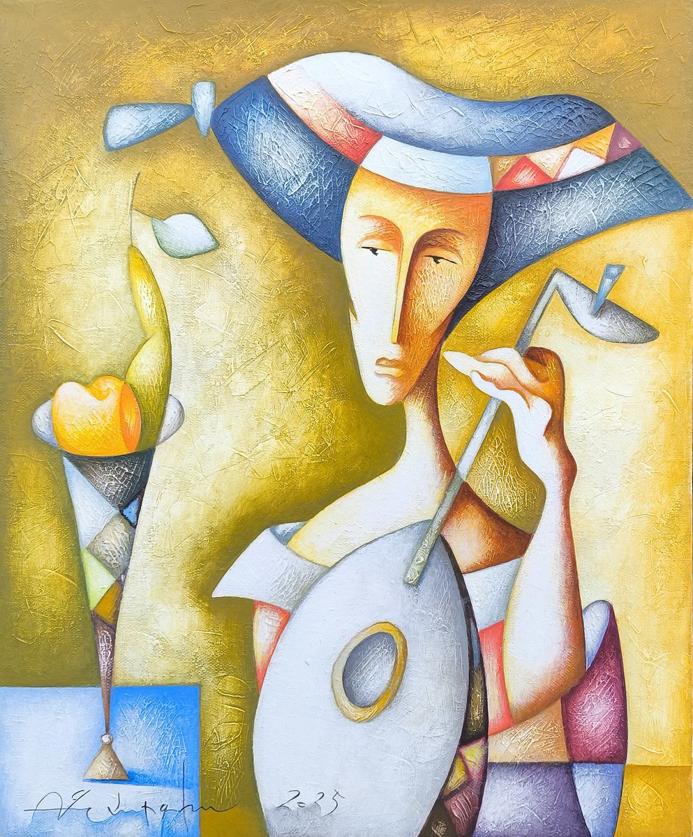 Naive Portrait Acrylic Painting By Sargis Zakarian, 16 X 20", The Poetic Musician, Original Artwork