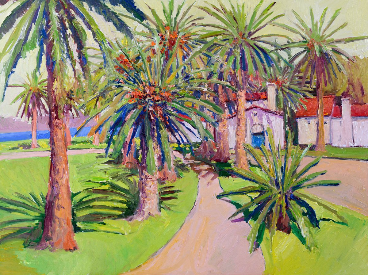 Expressive Landscape Oil Painting By Suren Nersisyan, 40 X 30", Palm Trees In California, Original Artwork