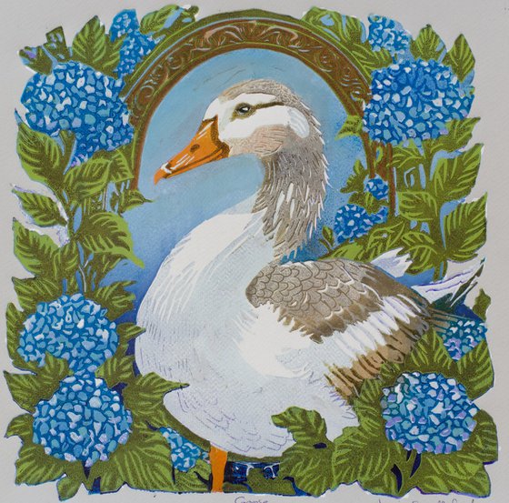 Goose – reduction linocut print