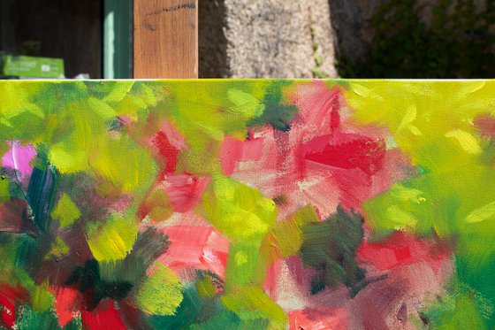 Abstract floral in summer - Oil painting in yellow, green and red - flowers bouquet - garden Modern abstraction nature evocation interpretation