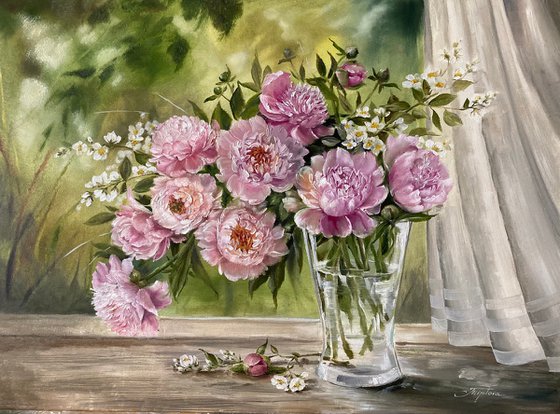 "PIONIES IN THE VASE'' oil painting on canvas.