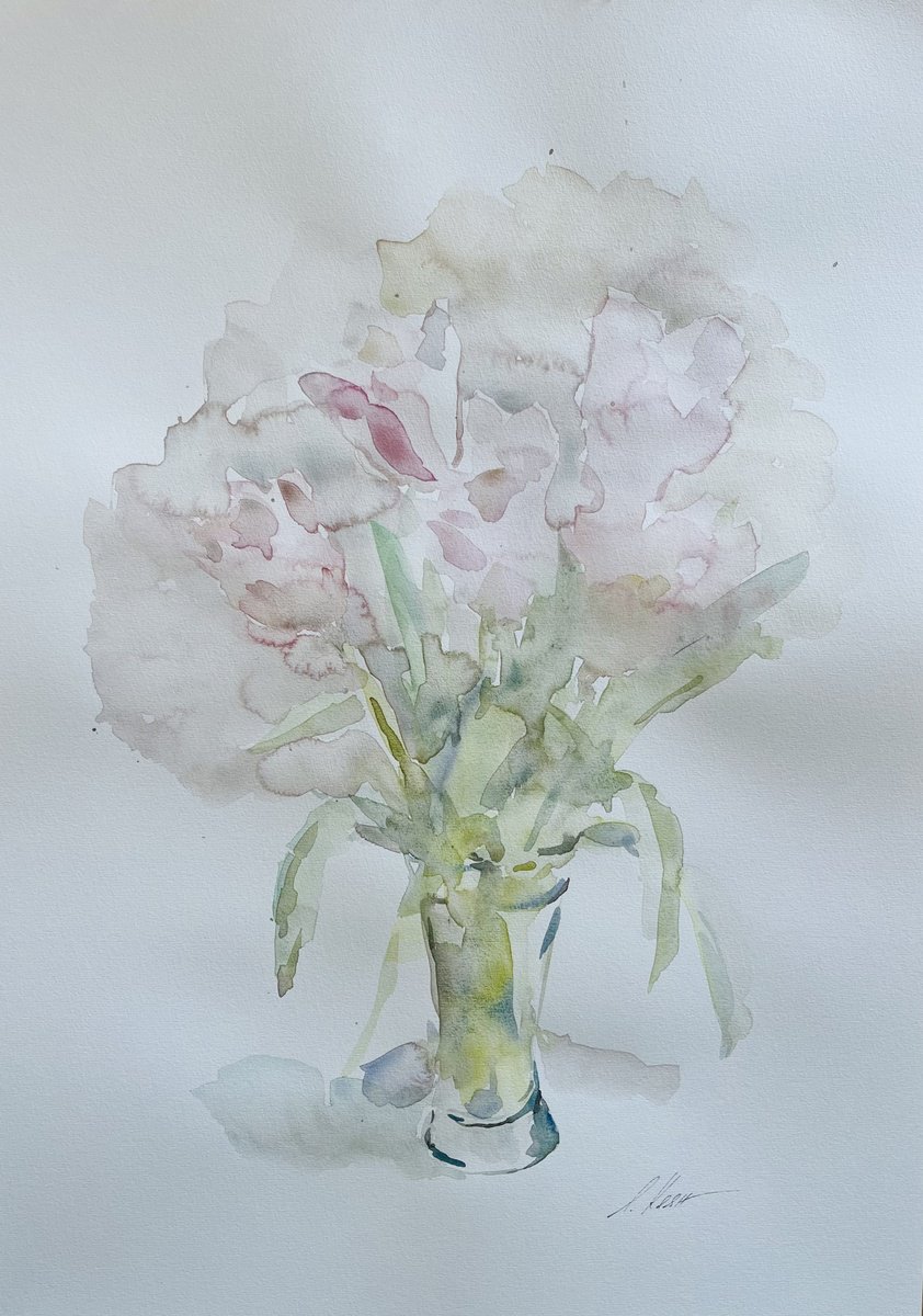 Impressionistic Botanical Watercolour By Elena Klyan, 17 X 24, Peonies 40X60Cm 2025, Original Artwork