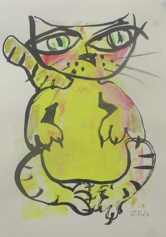 crazy cat 8,2 x 11,4 inch unique mixedmedia drawing