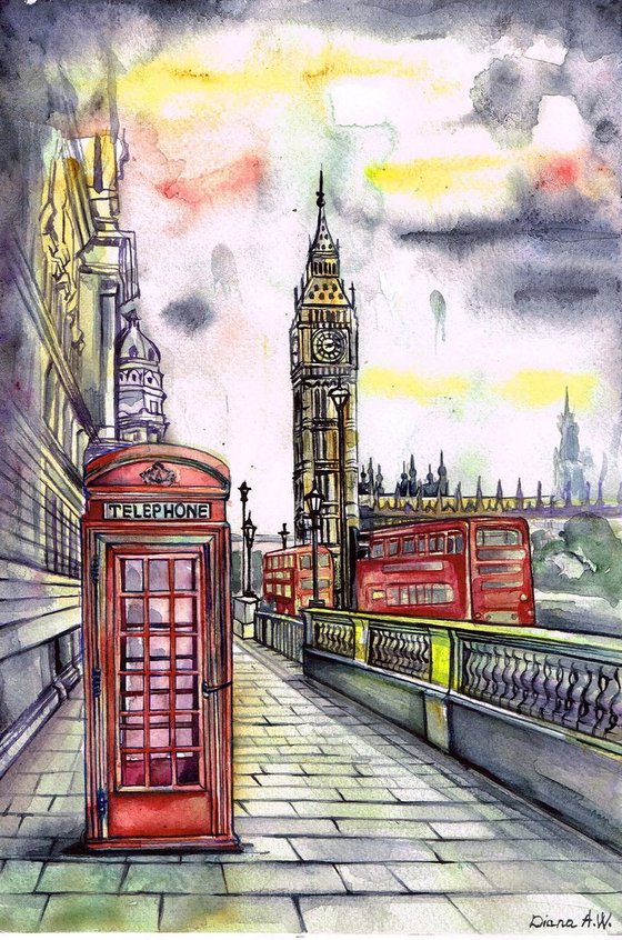 LONDON TELEPHONE BOOTH painting Original Art