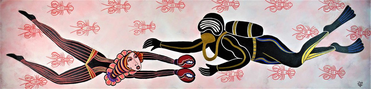 Surrealistic Portrait Acrylic Painting By Diana Rosa, 60 X 15, Diving With Lobsters, Original Artwork