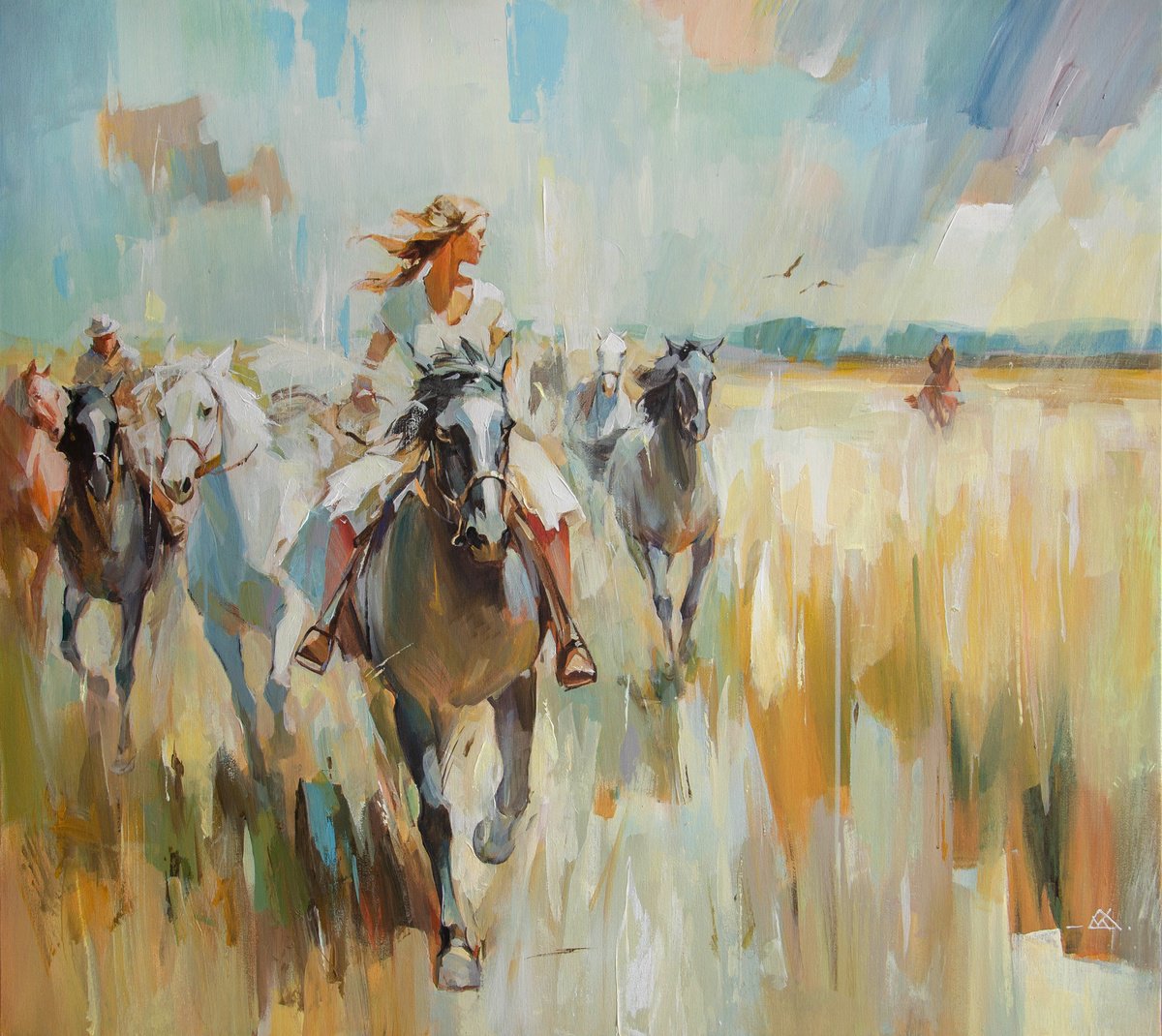 Impressionistic Animal Acrylic Painting By Valentin, 39 X 35", The Melody Of Steppe Wind, Original Artwork