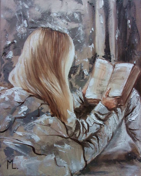 " STORY ...  " book lover original painting window WINTER palette knife GIFT brown