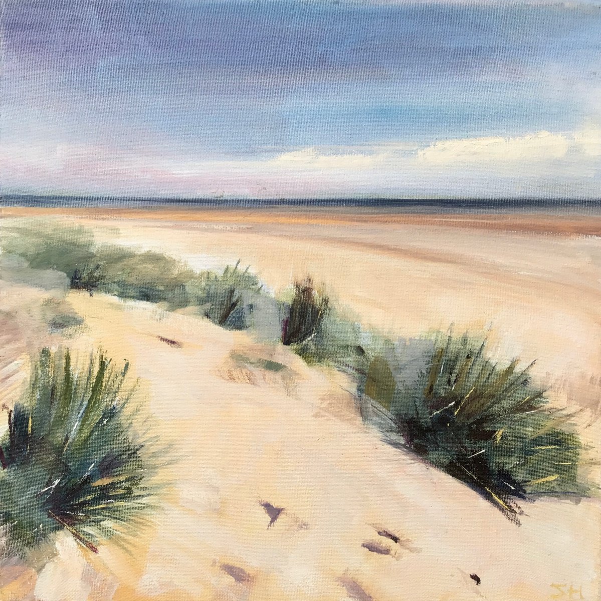 Impressionistic Landscape Oil Painting By Sandra Haney, 16 X 16", Alnmouth Beach 2, Original Artwork