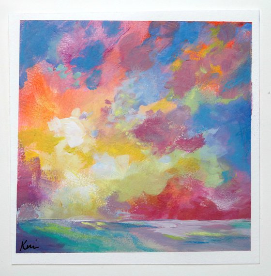 Sunburst 6x6" Colorful Cloud Painting on Paper