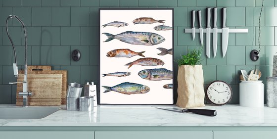 Set of fish - original seafood watercolor paintink and ink graphic