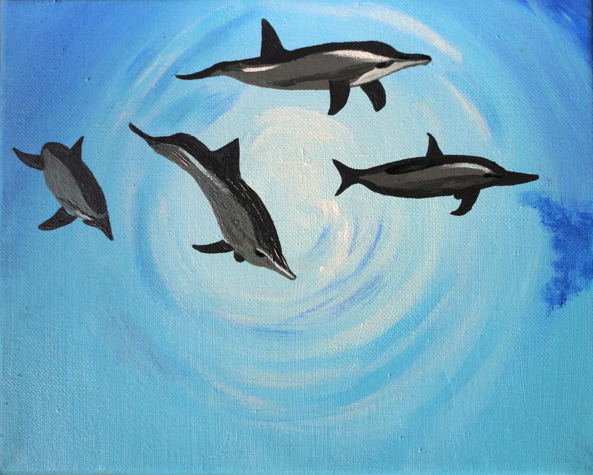 Dolphins in the Sea !! Small Painting !! Christmas gift !! by Amita Dand
