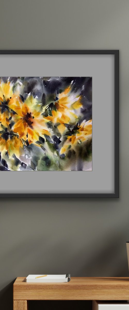 Autumn sunflowers.  one of a kind, original watercolor by Galina Poloz