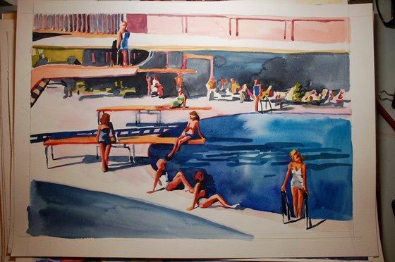 Women posing by diving board