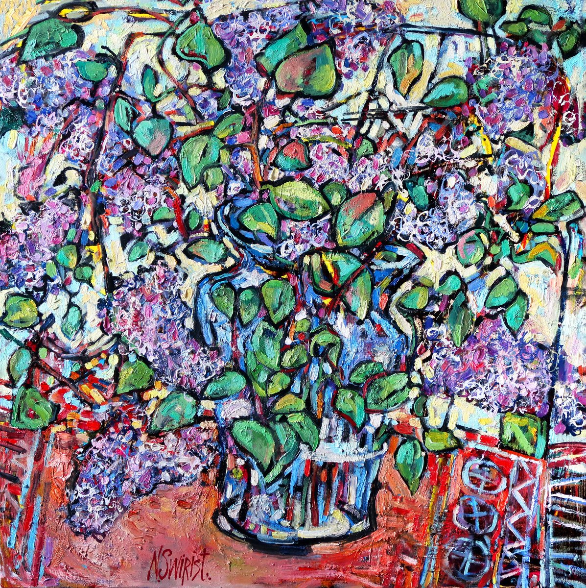 Impressionistic Still Life Oil Painting By Nikifor Swiristuhin, 28 X 28", Lilac., Original Artwork