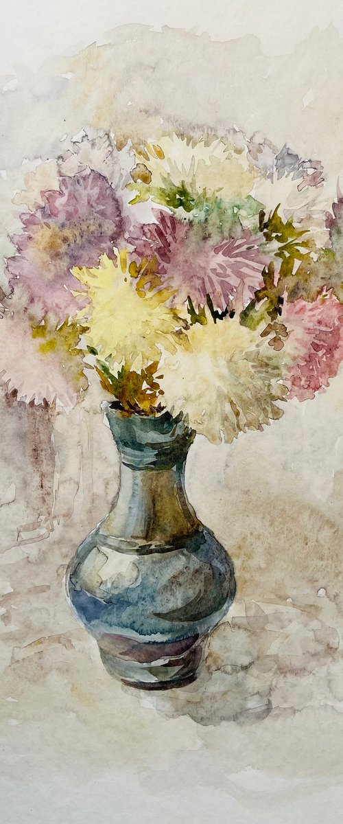 Bouquet of asters. Original watercolour painting. by Elena Klyan