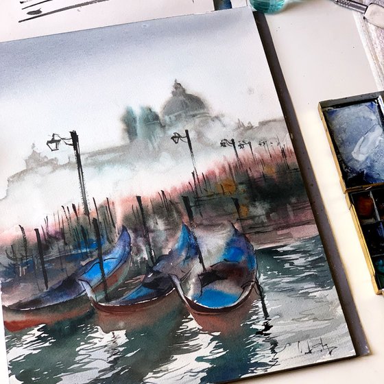 Venice and fog cityscape watercolor painting