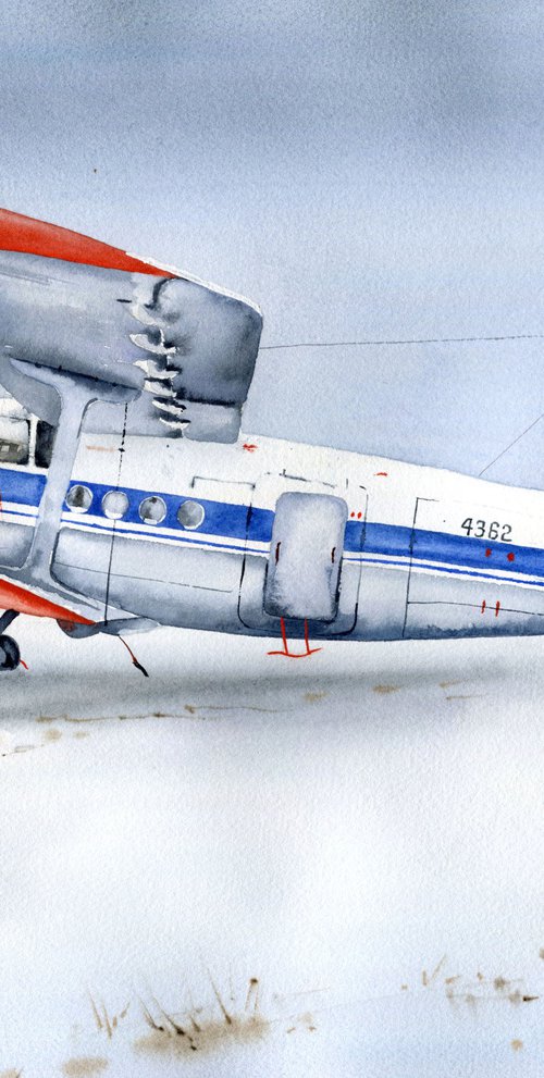 The plane is parked. Original watercolor artwork. by Evgeniya Mokeeva