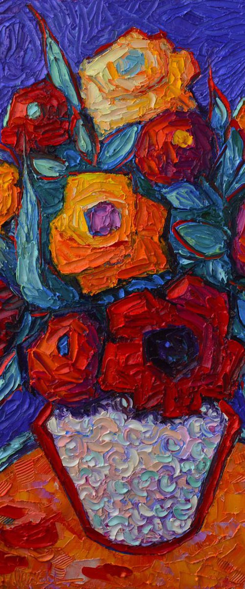 COLOURFUL ROSES ON ROYAL PURPLE - abstract floral art contemporary impressionist flowers impasto palette knife original oil painting by ANA MARIA EDULESCU