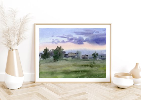Country landscape watercolor painting, rustic wall art, forest and field artwork gift idea