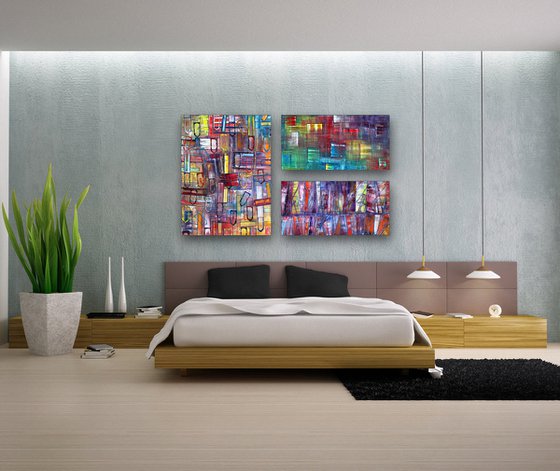 "It Will All Make Sense" - Original Xt Large PMS Abstract Triptych Oil Paintings On Canvas - 66" x 40"