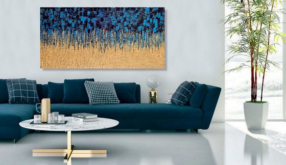 Blue & Gold Cascade - LARGE,  TEXTURED, PALETTE KNIFE ABSTRACT ART – EXPRESSIONS OF ENERGY AND LIGHT. READY TO HANG!