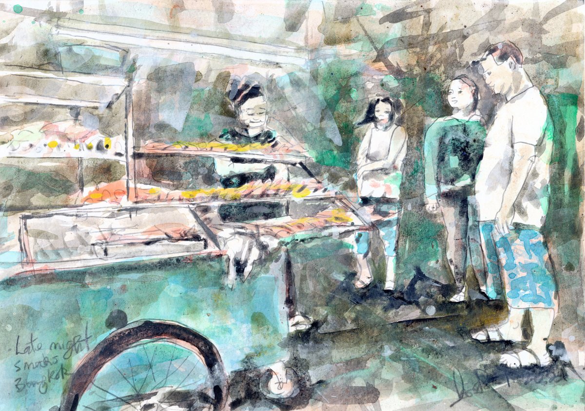 Expressive Portrait Acrylic Painting By Gordon T., 12 X 9, Late Night Snacks, Bangkok, Original Artwork