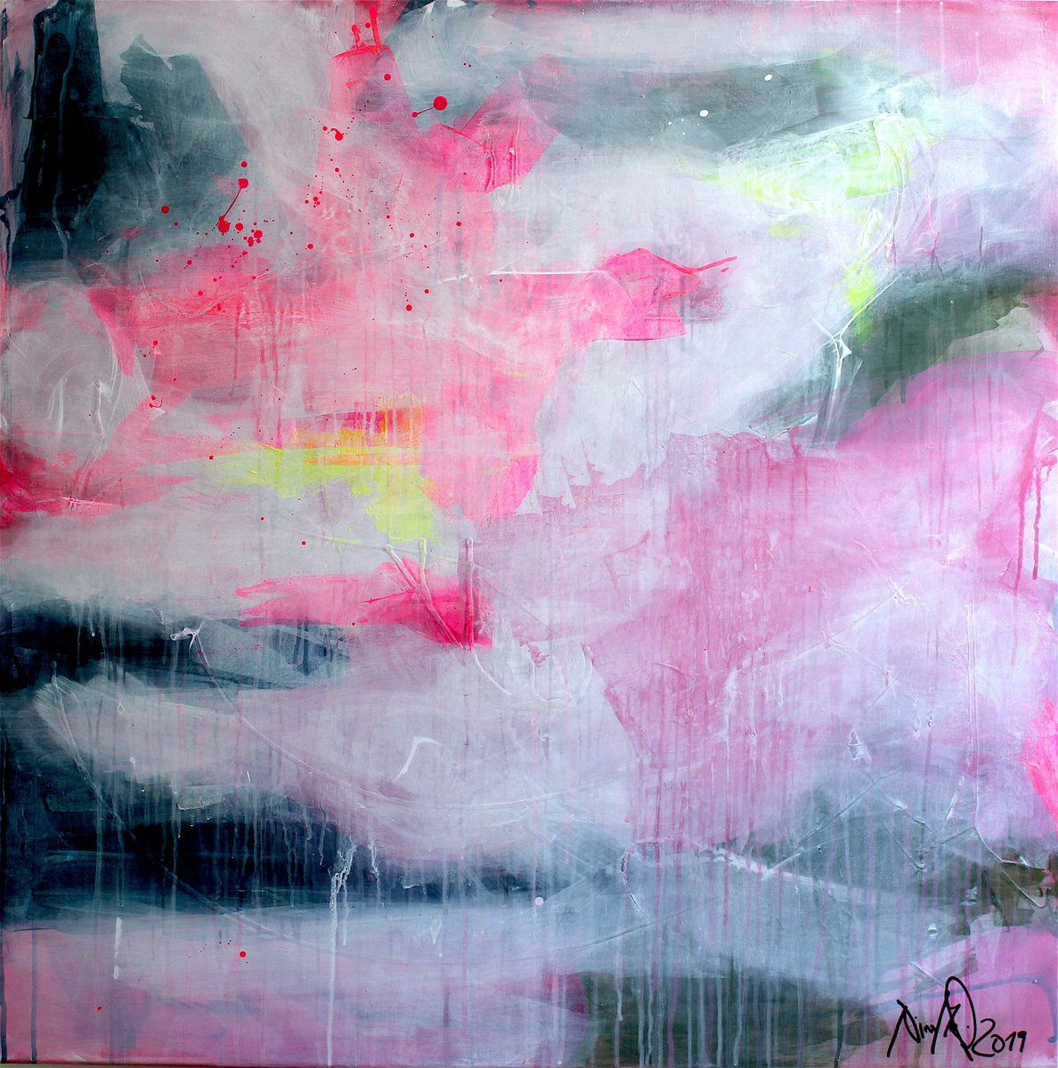Abstract Acrylic Painting By Nina Mahnik, 39 X 39", Caught In Cotton Candy, Original Artwork