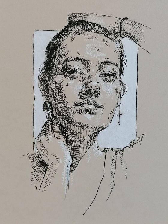 Woman portrait. Female portrait. Ink portrait. Ink drawing. Portrait drawing.