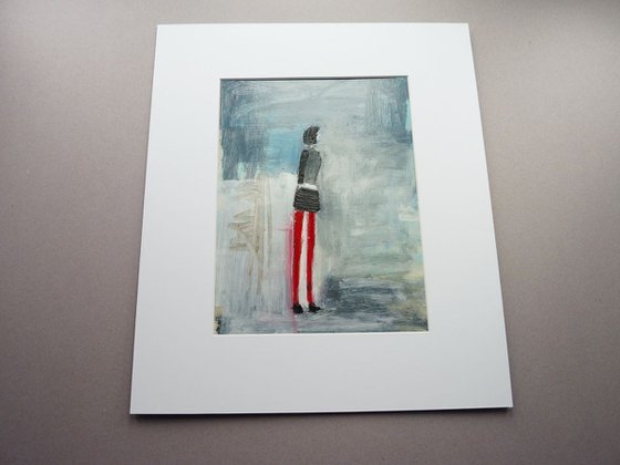 FASHION TEEN GIRL, Red Leggings, Black Mini Skirt, Waiting. Original Acrylic Figurative Painting. Varnished. With Mount (mat).