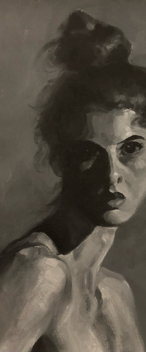 Female Grisaille Portrait in Oil by Paddy Schmidt
