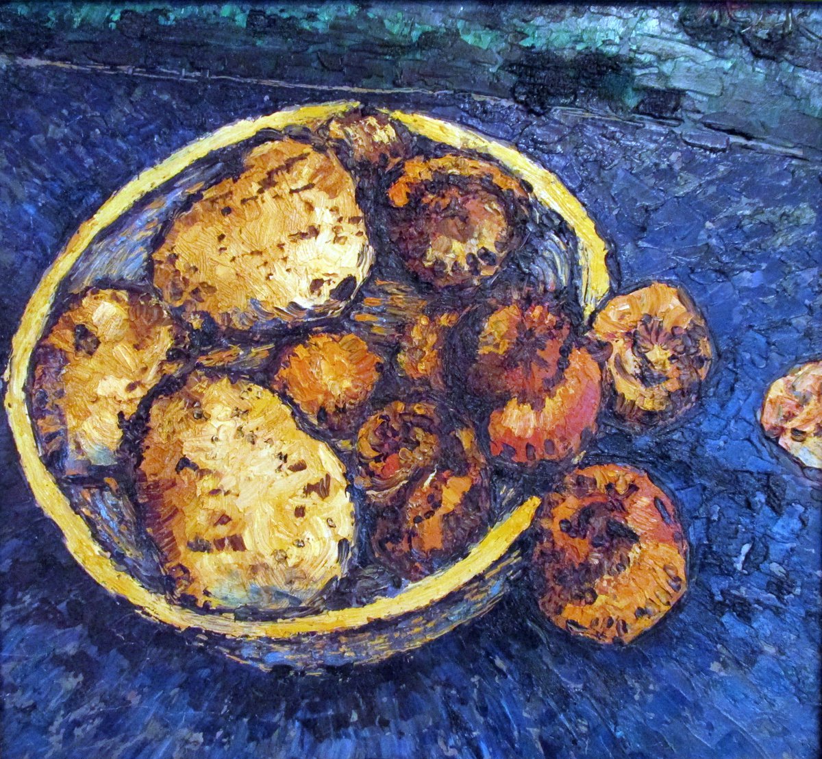 Expressive Still Life Oil Painting By Richard Meyer, 19 X 17", Potatoes And Medlar Fruit, Original Artwork