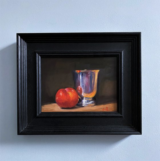 Plum & Silver Pot Still Life original oil realism painting, with wooden frame.