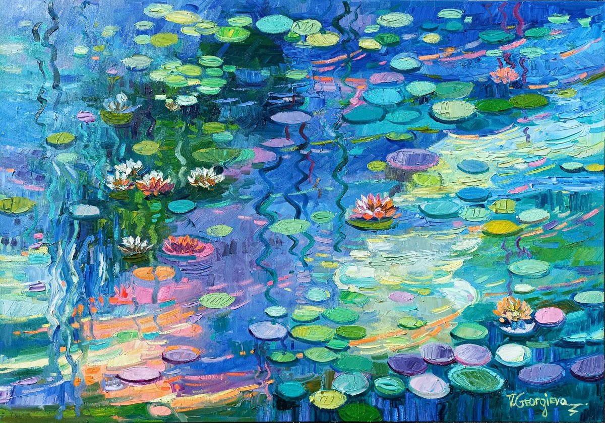 Impressionistic Botanical Oil Painting By Vanya Georgieva, 39 X 28", Mine Water Lilies, Original Artwork