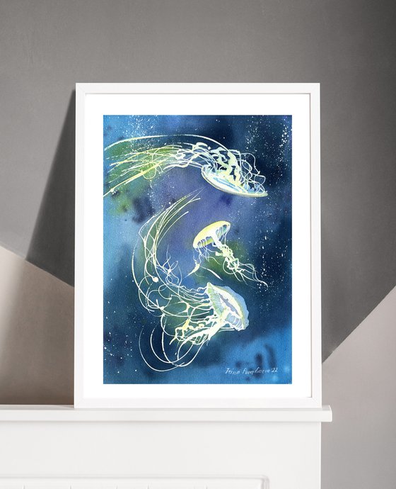 Nautical paintings with glowing jullyfishes sea animals artwork waal decor for kids room, gift idea