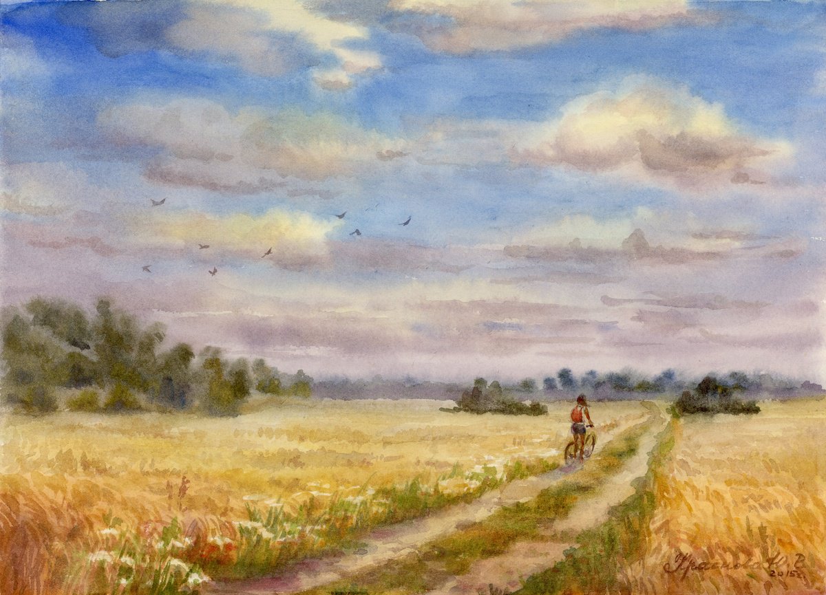 Photorealistic Landscape Watercolour By Yulia Krasnov, 15 X 11", Wheat Fields, Original Artwork