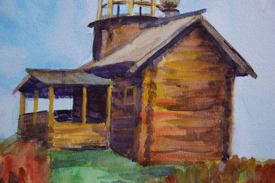 Watercolor painting Russian Wooden Church