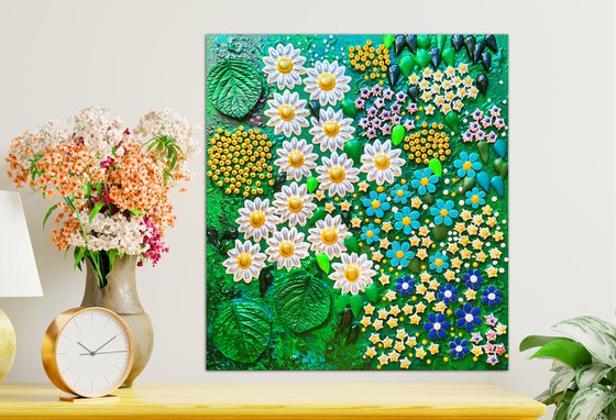 Daisies and forget-me-nots in colorful summer garden. Flowers bas-relief, mosaic