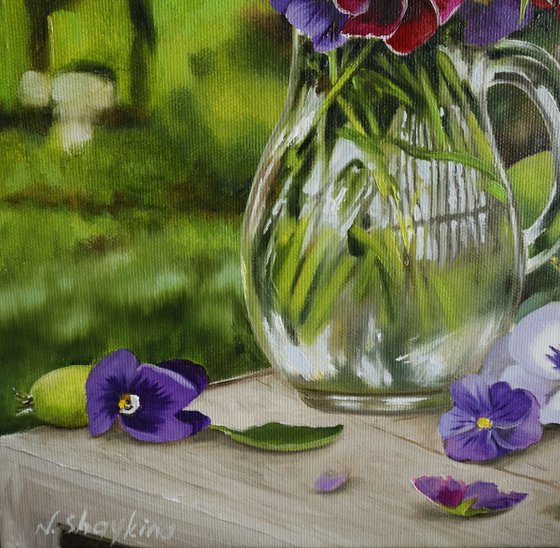 Pansies in Glass Jug
