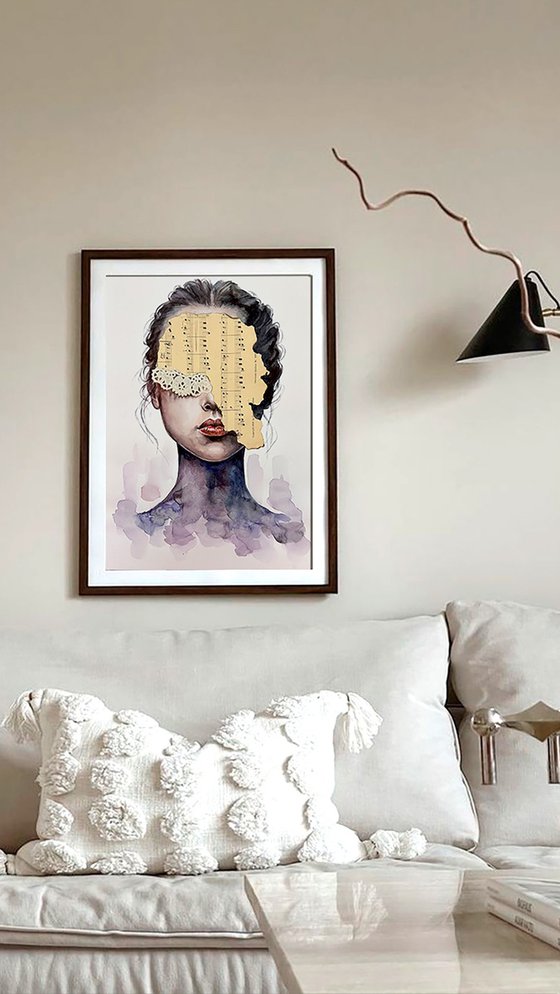 Watercolor Female Portrait Music Collage