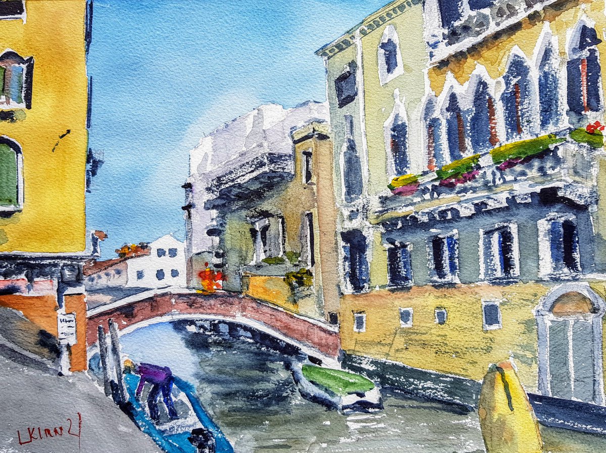 Impressionistic Cityscapes Watercolour By Leonid Kirnus, 15 X 11", Venice View, Original Artwork