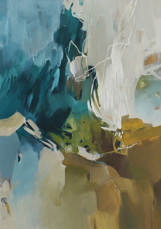 "Melody" Teal gray white abstract art