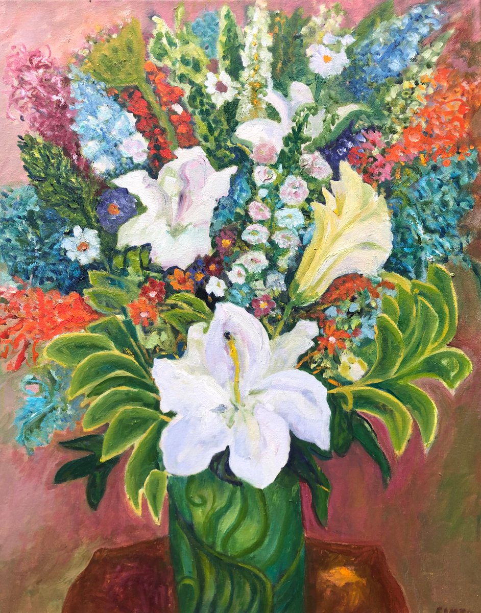 Impressionistic Botanical Oil Painting By Maureen Finck, 24 X 30", Lilies And Other Flowers, Original Artwork